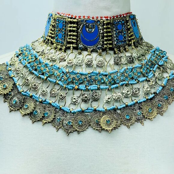 Turquoise Choker Necklace, Tribal Kuchi Afghan Choker With Turquoise Glass Stone - Picture 10 of 12